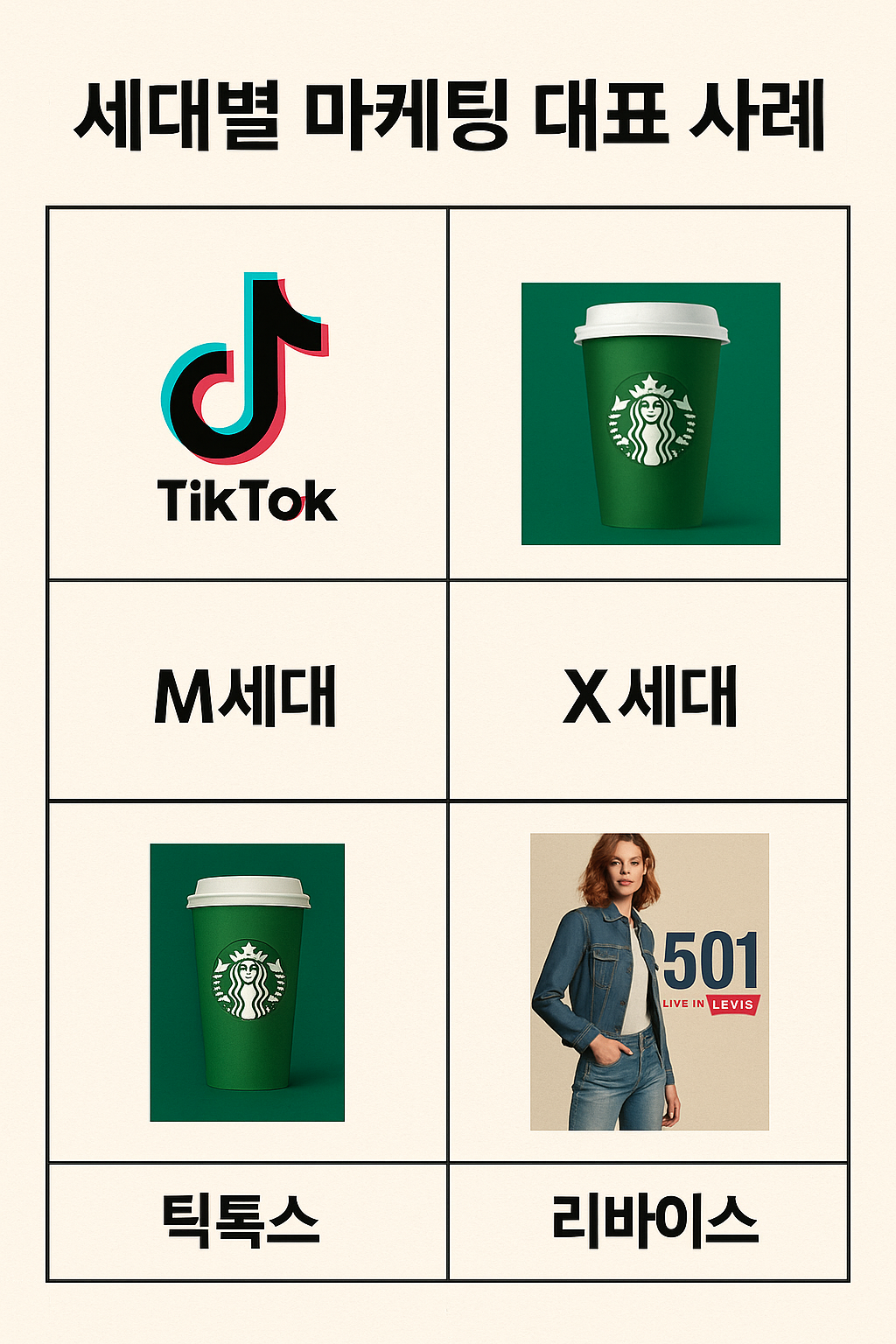 세대별 마케팅 대표 사례 비교 인포그래픽 이미지
세대별 마케팅 사례 이미지 요약