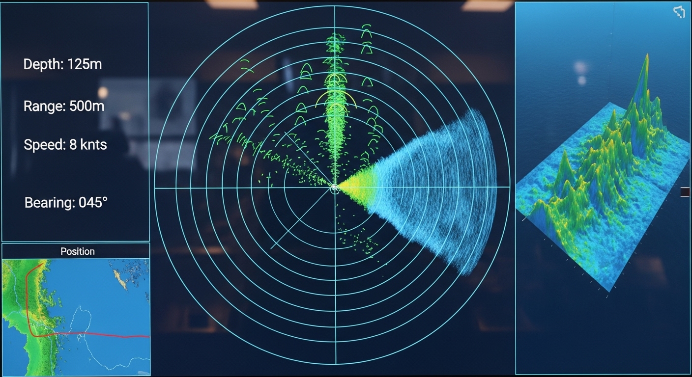 컴퓨터 화면에 소나 탐지 정보가 표시되는 모습