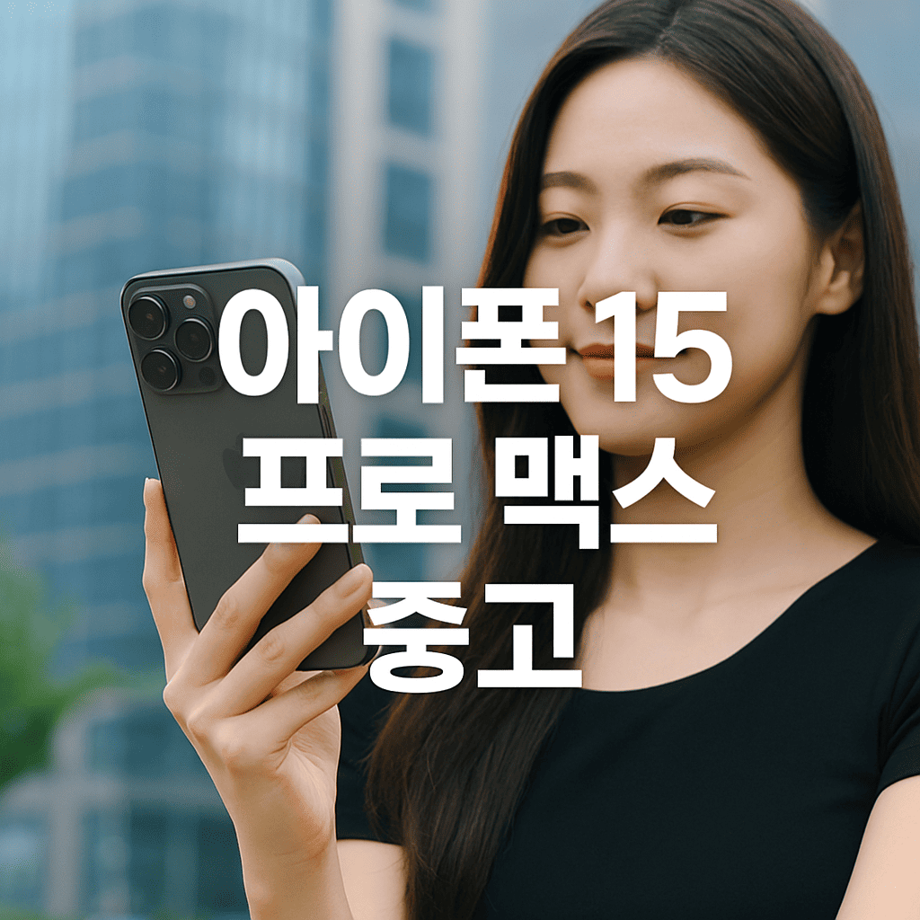 여성-모델이-아이폰-15-프로-맥스를-들고-화면을-바라보는-모습,-배경은-도심-고층빌딩,-중앙에-&quot;아이폰-15-프로-맥스-중고&quot;-텍스트-배치