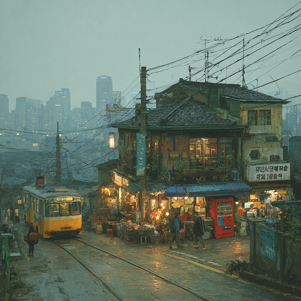 비 오는 날 야근 후 집으로 향하는 정겨운 골목길 풍경, 복고 감성의 한국 거리