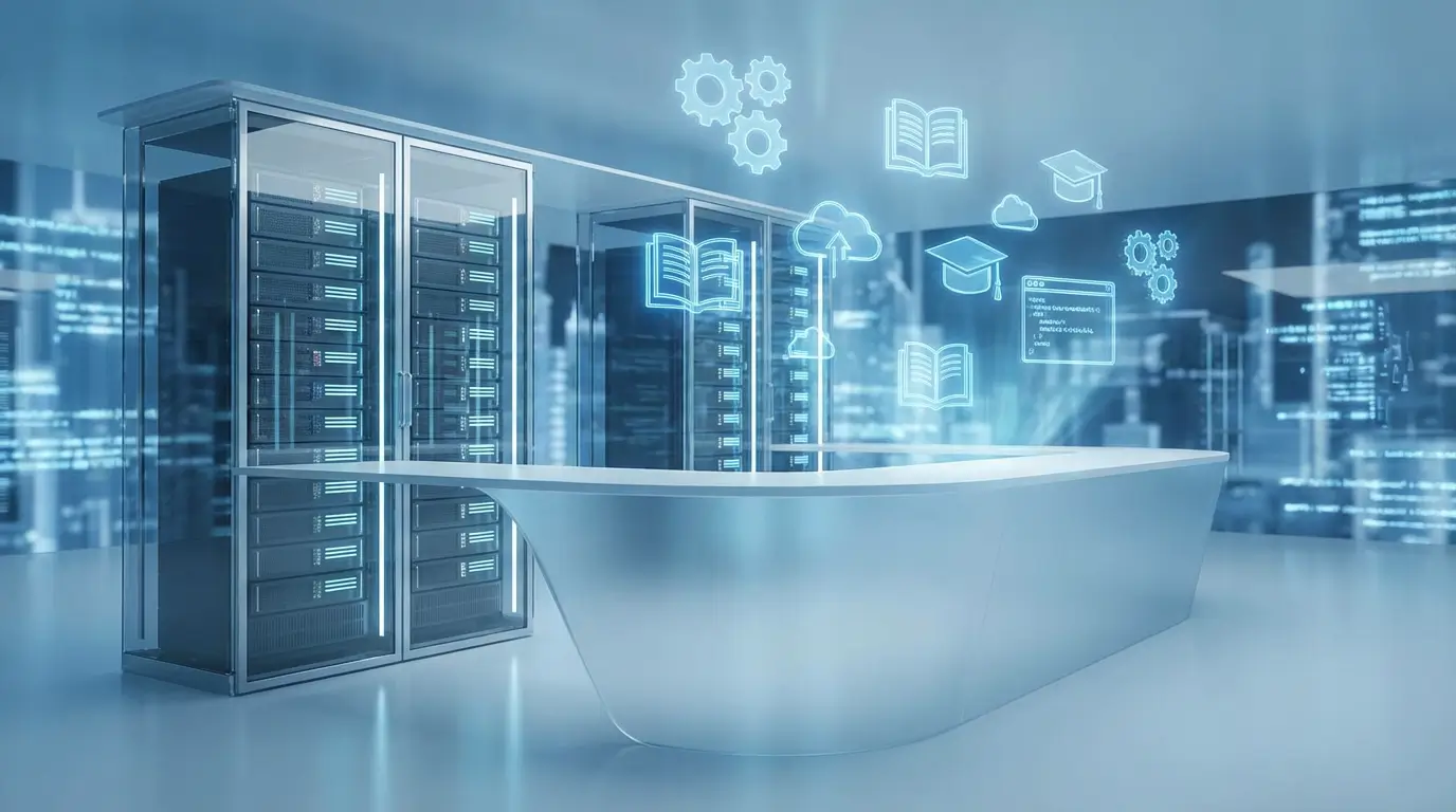 클라우드 서버와 디지털 교육 아이콘이 떠오르는 스마트한 중소기업의 디지털 전환 이미지