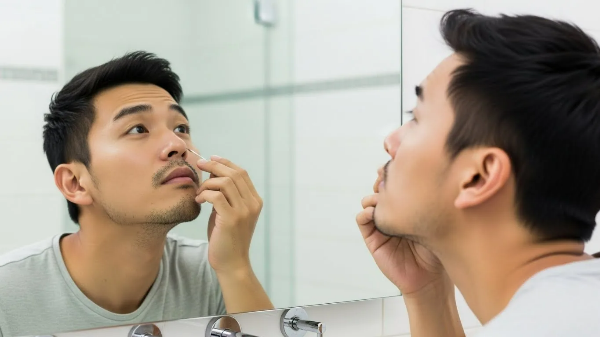 남성이 화장실 거울을 보며 콧속을 보고 있는 모습