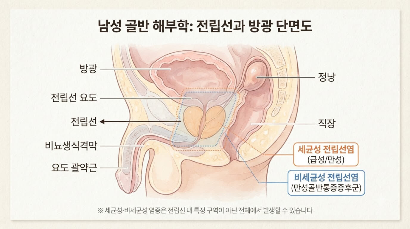남성 골반 해부학 단면도, 방광과 전립선 위치 및 세균성&middot;비세균성 전립선염 발생 부위 설명 일러스트