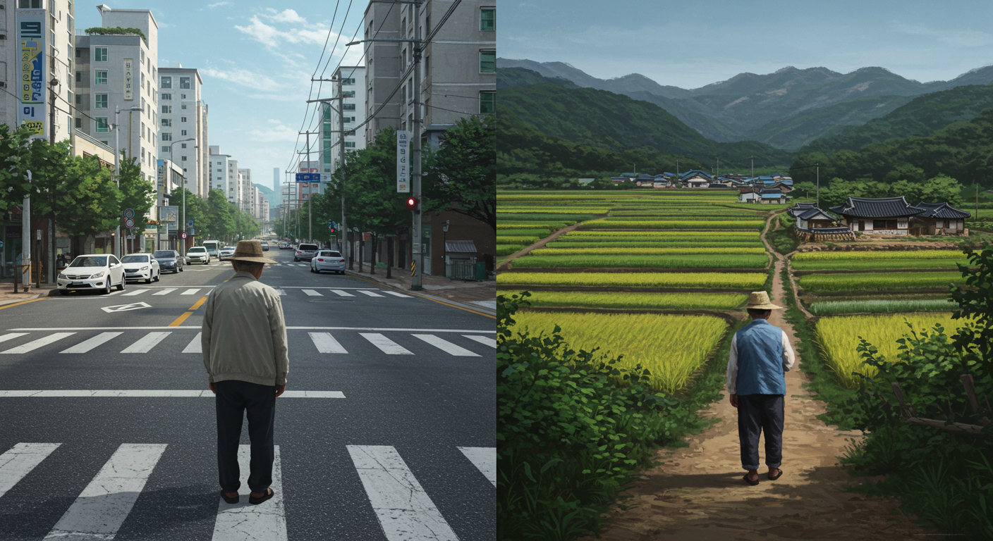 도시와 시골풍경 그앞에 현실을 직면하는 노인분들 모습