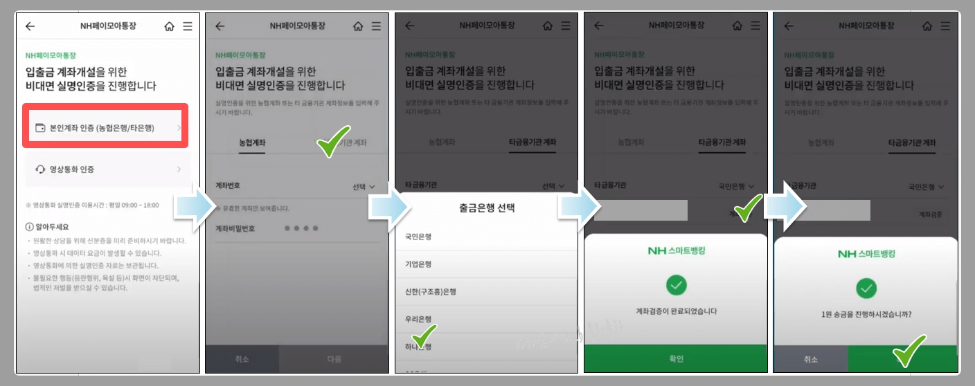 본인계좌인증선택-타은행계좌-1원송금-진행