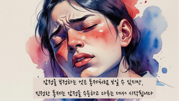 감정을 부정하는 것은 통제처럼 보일 수 있지만, 진정한 통제는 감정을 수용하고 다루는 데서 시작됩니다에 관한 그림