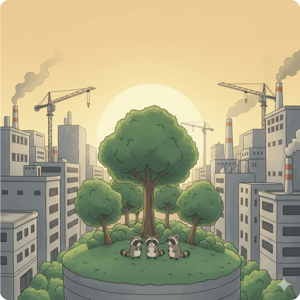 alt="도시로 확장되는 회색 건물들 앞, 남은 숲 위에 서 있는 너구리들이 석양을 바라보는 장면. 자연 파괴와 공존의 메시지를 담은 일러스트."