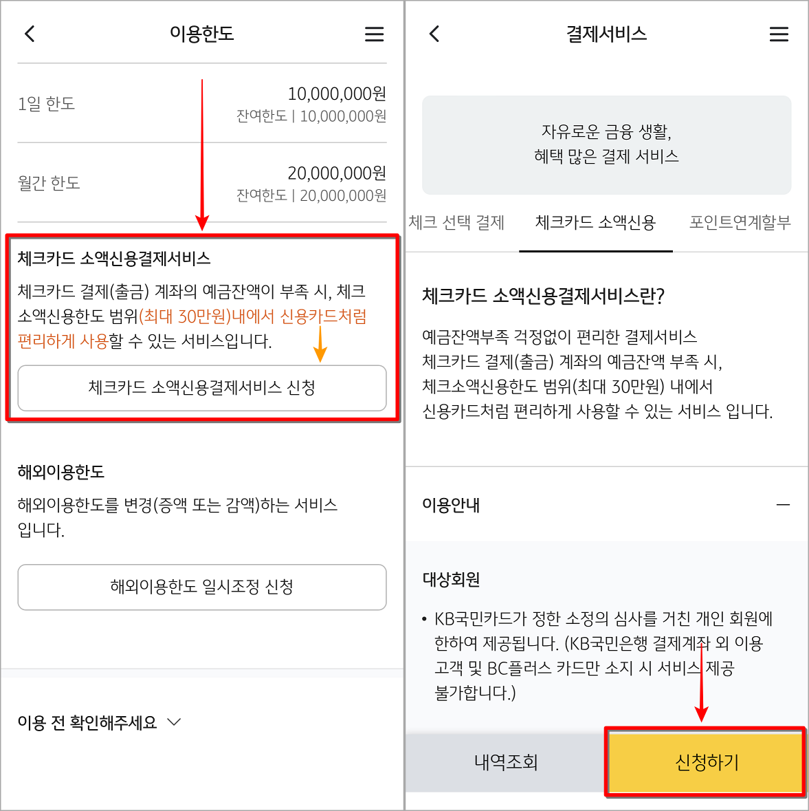 이용한도 메뉴의 체크카드 소액신용결제서비스 신청을 선택하고, 안내를 확인한 뒤, 신청하기 선택