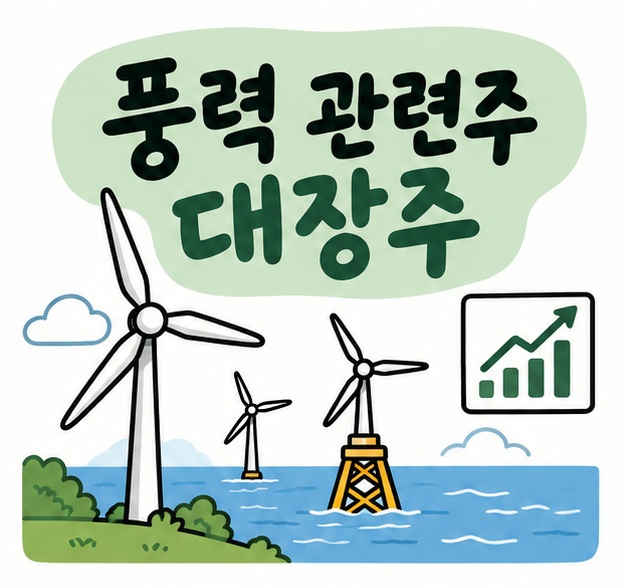 풍력터빈과 주식 차트 아이콘 옆에 풍력 관련주 대장주라는 제목이 크게 적힌 대표 썸네일