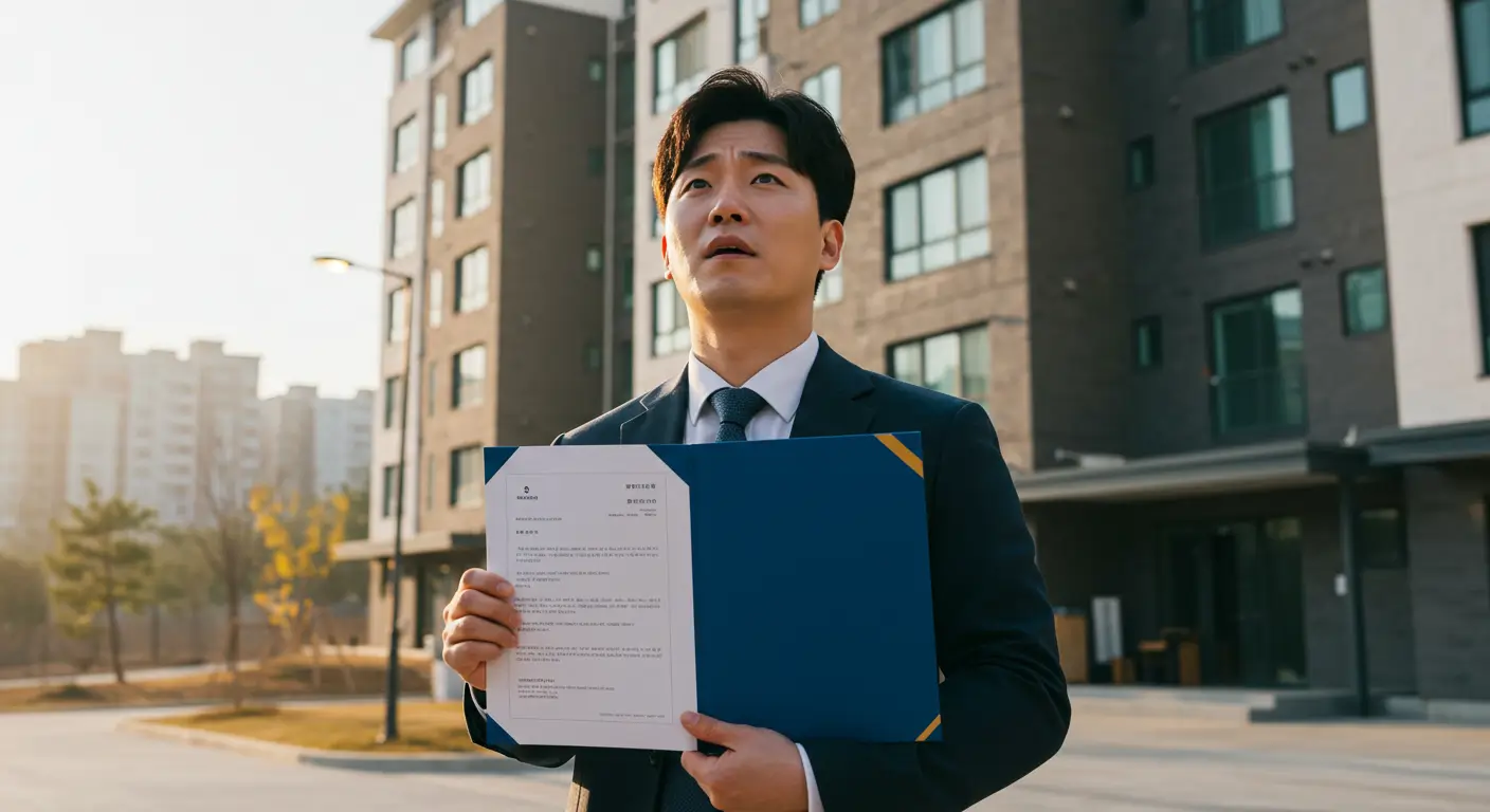 분양권 전매 계약서를 들고 새로 지은 한국 아파트 앞에서 잔금대출을 고민하는 남자