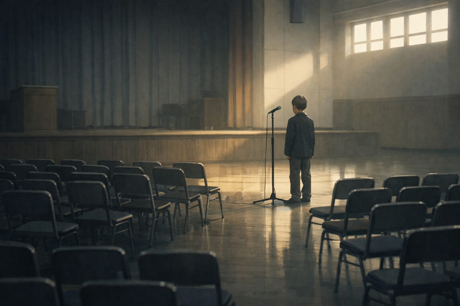 학교 강당을 배경으로 한 조용한 무대 위에 한 학생이 홀로 서 있다.
박수 없는 시상식과 침묵 속에서, &lsquo;옳은 행동&rsquo;이 질문이 되는 순간을 상징하는 이미지.