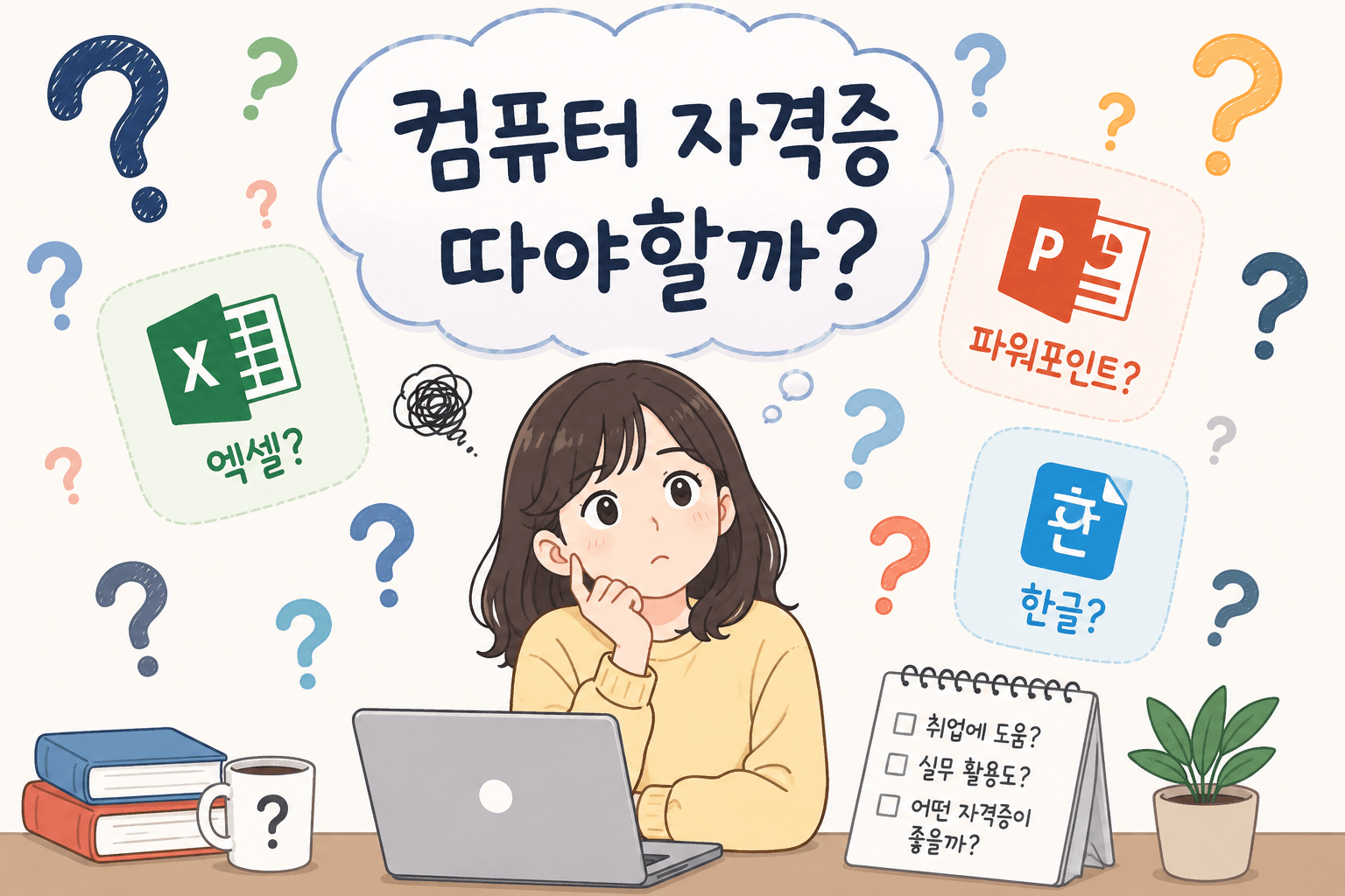 사회복지사가 컴퓨터 자격증 취득을 고민하는 모습
