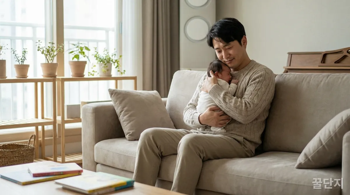 한국인 아빠가 침착하게 아기를 안고 있는 모습