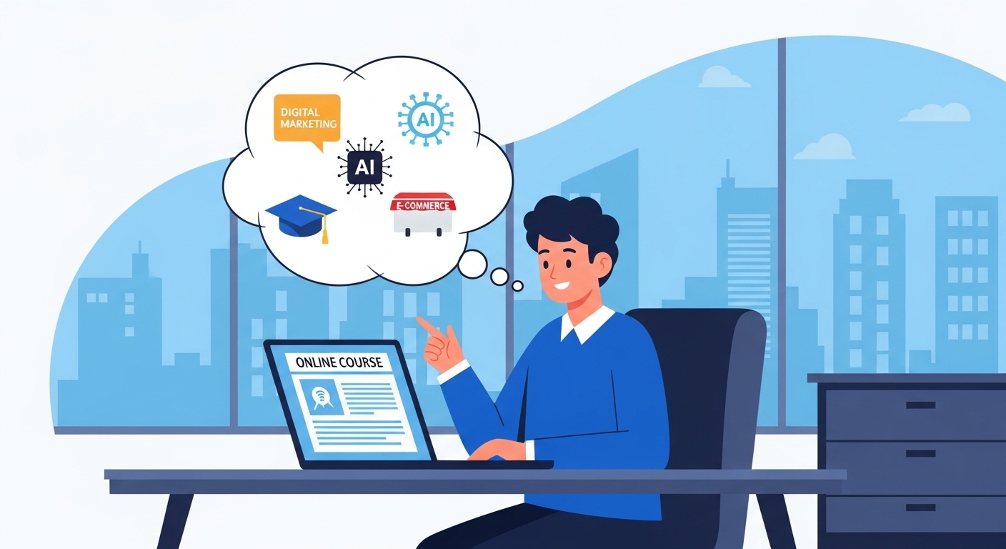 소상공인이 노트북으로 온라인 교육을 듣고 있으며, 디지털 마케팅, AI, 이커머스 관련 아이콘들이 생각 주머니에 떠오르는 모습.