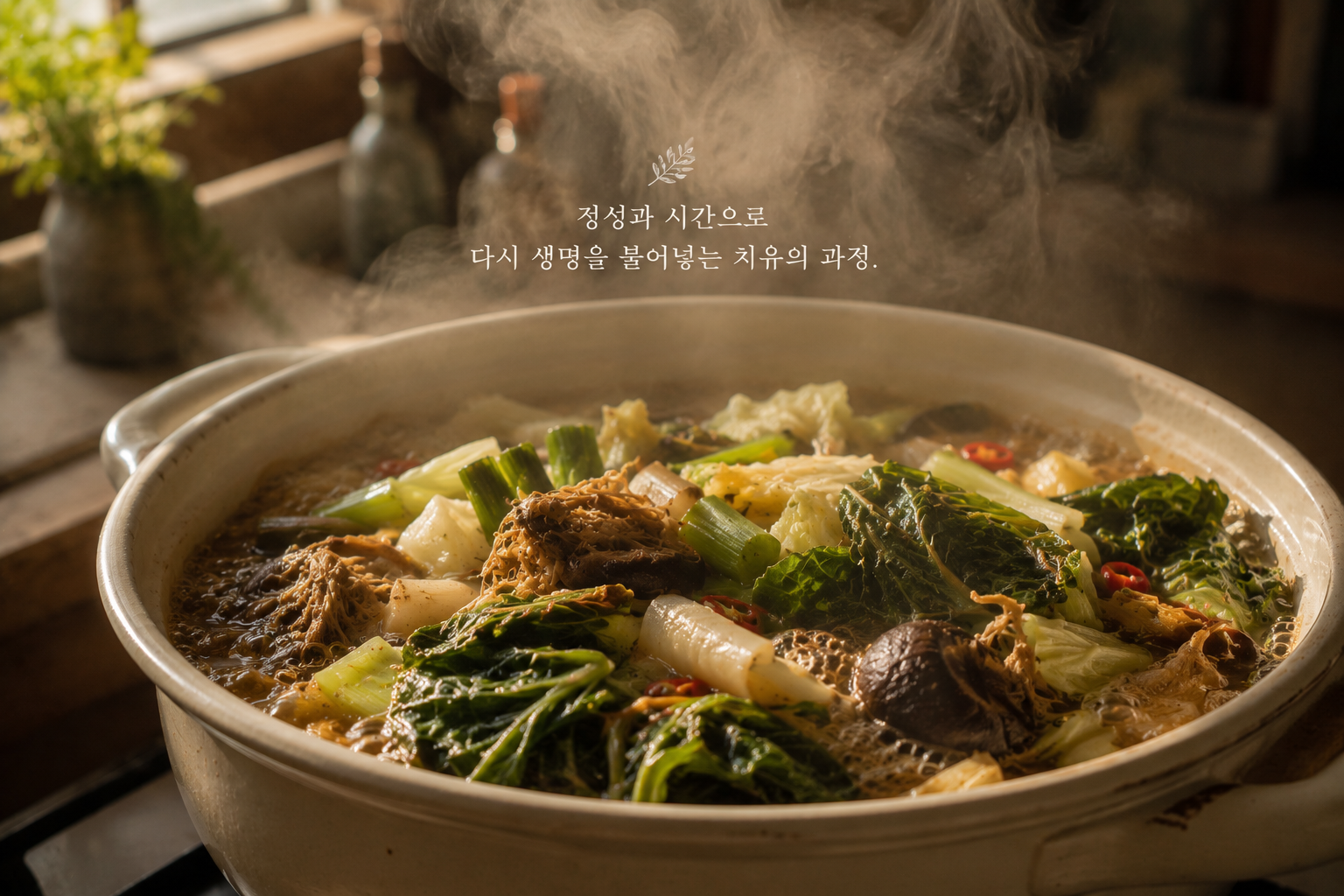모락모락 김이 피어오르며 뭉근하게 끓고 있는 채소 요리 냄비. 따뜻한 조명 아래 정성스럽게 조리되는 치유의 음식 모습
