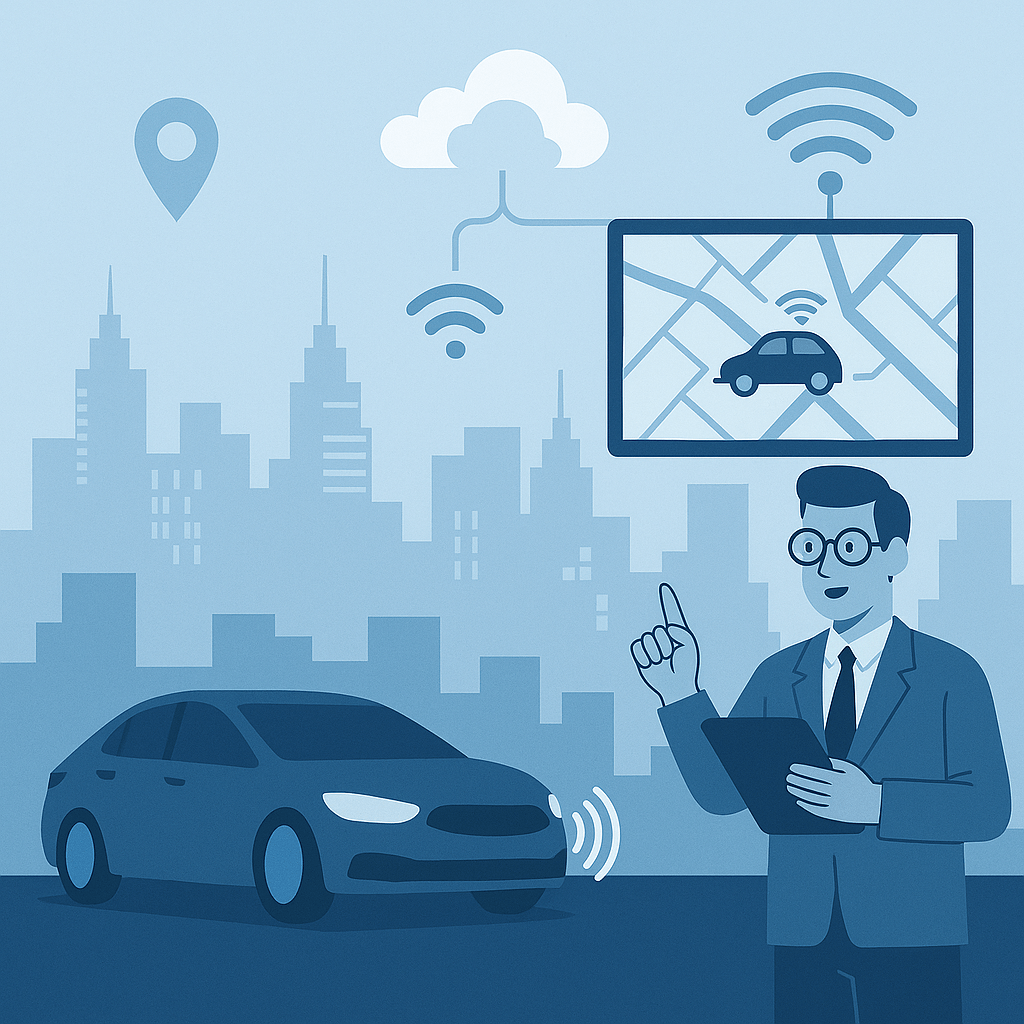 이 이미지는 자율주행차와 스마트시티가 융합된 미래 도시를 시각적으로 표현한 일러스트입니다.
배경에는 고층 빌딩과 통신 네트워크가 연결된 스마트 인프라가 펼쳐져 있으며, 전경에는 센서와 통신 장비를 장착한 자율주행 차량들이 도심을 주행하고 있습니다. 일부 차량은 사람 없이 운행 중인 셔틀 형태로 표현되어 있고, 도로 주변에는 신호등, 센서, 카메라, 교차로 장치 등 스마트시티의 핵심 인프라가 구현되어 있습니다.

이 이미지는 자율주행 기술이 단독으로 존재하는 것이 아니라 도시 전체 시스템과 연계되어 작동하는 미래형 도시 교통 생태계를 상징적으로 보여줍니다.