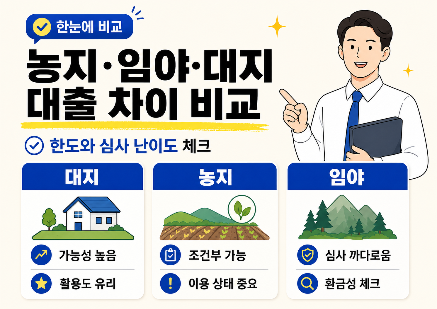 밝은 아이보리 배경의 비교형 본문 이미지. 상단에 &lsquo;농지&middot;임야&middot;대지 대출 차이 비교&rsquo;라는 큰 제목이 있고, &lsquo;한도와 심사 난이도 체크&rsquo; 문구가 보인다. 아래에는 대지, 농지, 임야 3개의 카드가 나란히 배치되어 있으며 각각 집, 밭, 산 그림 아이콘과 함께 특징이 적혀 있다. 대지는 &lsquo;가능성 높음, 활용도 유리&rsquo;, 농지는 &lsquo;조건부 가능, 이용 상태 중요&rsquo;, 임야는 &lsquo;심사 까다로움, 환금성 체크&rsquo;로 정리되어 있다. 오른쪽에는 서류를 든 남성 직장인 캐릭터가 손가락으로 내용을 가리키고 있다.