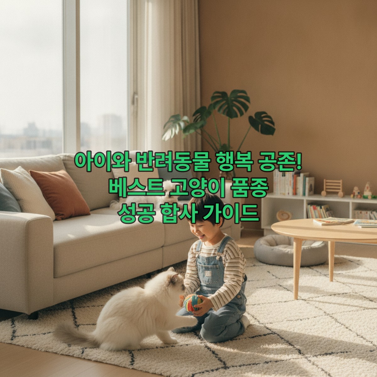 화목한 한국 가정 거실에서 어린아이와 부드럽게 놀고 있는 랙돌 고양이, 그리고 그들을 바라보는 작은 강아지의 평화로운 모습.