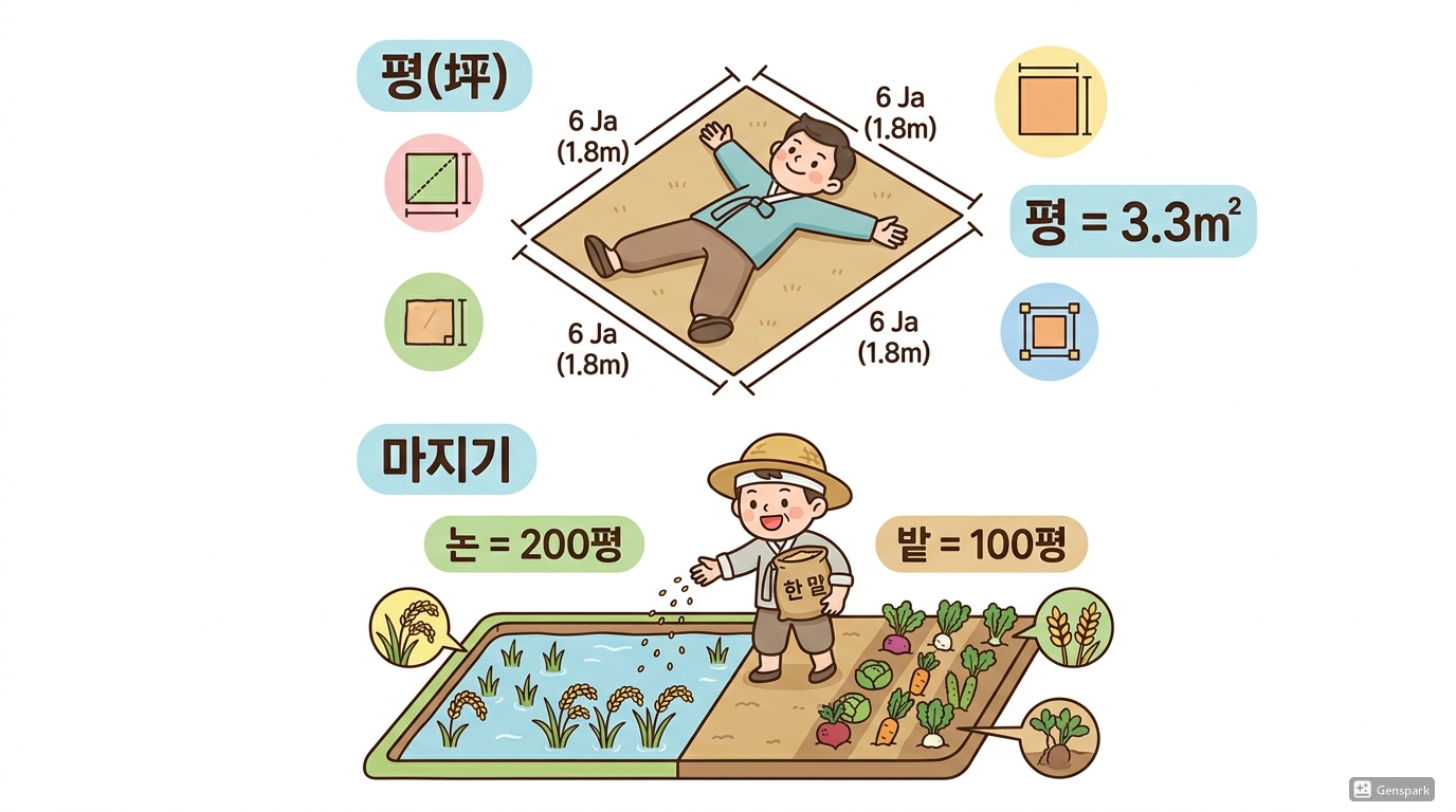 농사의 정성이 담긴 넓이: 넓이 단위 (평, 마지기)