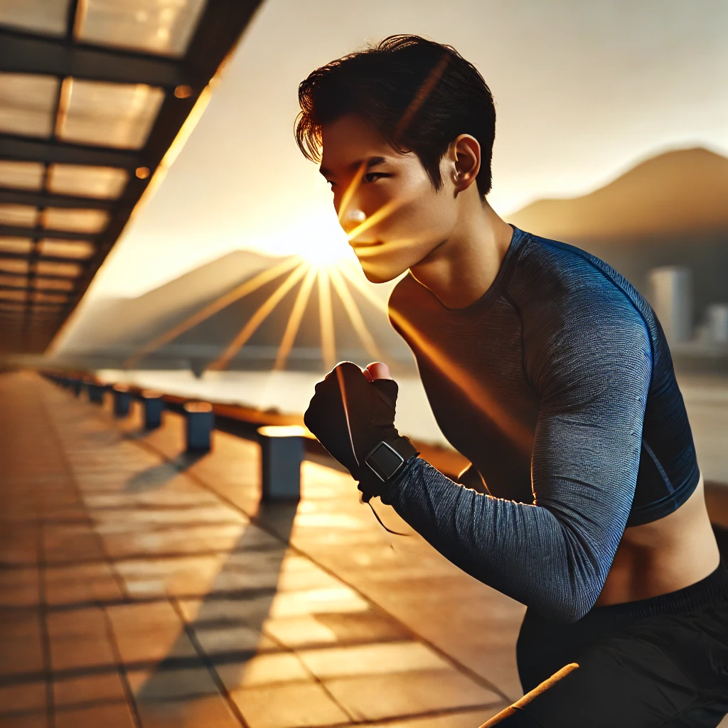 일출을 배경으로 야외에서 훈련하며 결단력과 더 나아갈 잠재력을 발산하는 운동선수