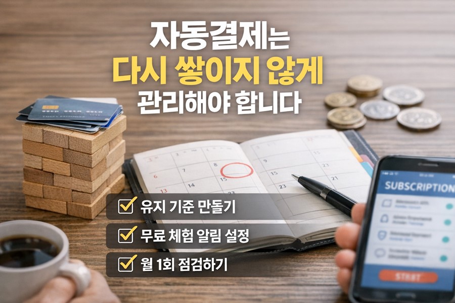 자동결제가 다시 늘어나지 않도록 유지 기준, 무료 체험 알림, 월별 점검 루틴을 함께 관리하는 체크리스트 이미지