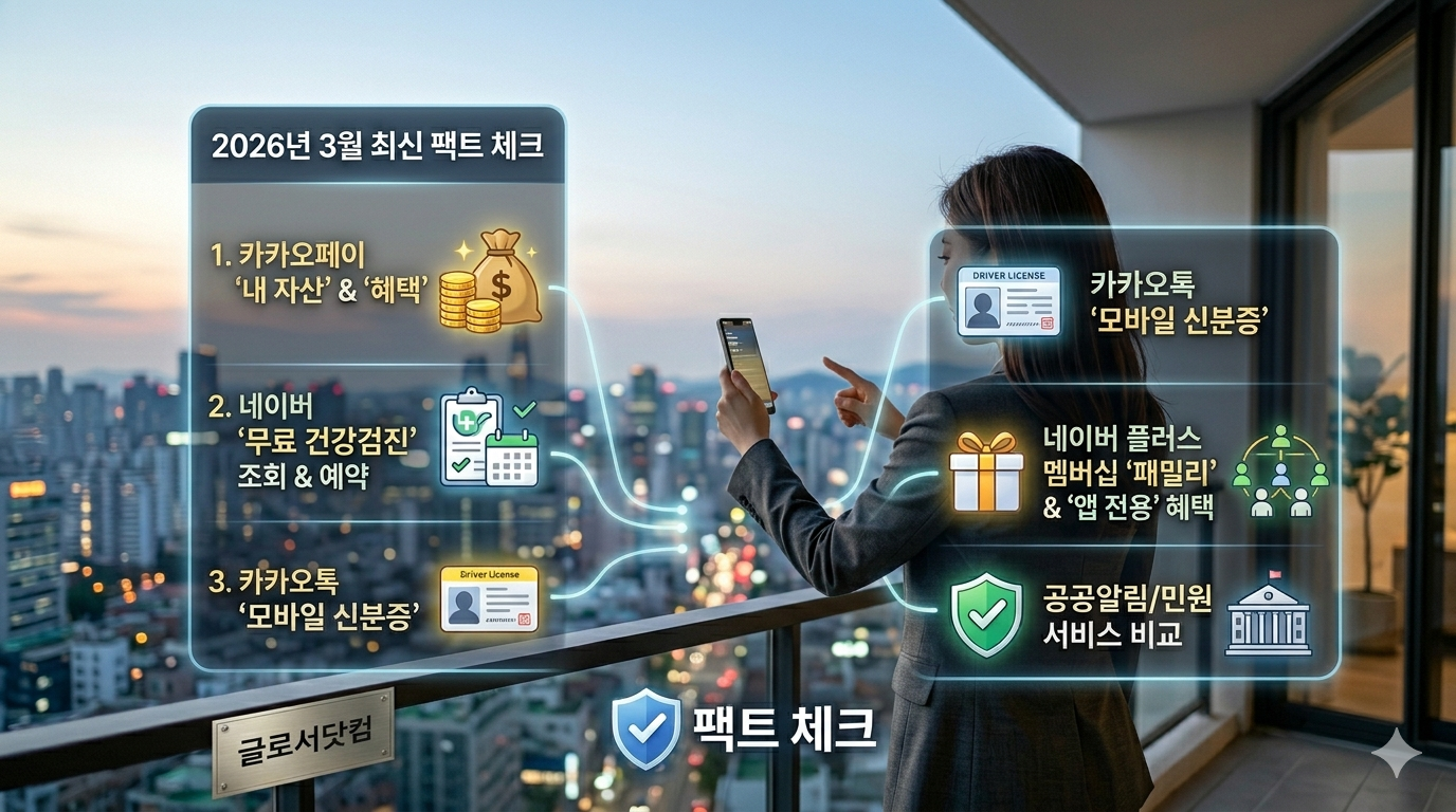 "💸 2026년 3월 최신 팩트 체크: 카카오톡, 네이버 앱 속 나만 몰랐던 유용한 생활 솔루션 5가지를 직관적으로 보여주는 거대한 홀로그램 인포그래픽을 전신 뒷모습의 '그녀'가 설명하는 역동적인 메인 커버 이미지입니다. 전문성을 높이고 호기심을 자극하는 비주얼 자료입니다. (글로서닷컴 제공)"