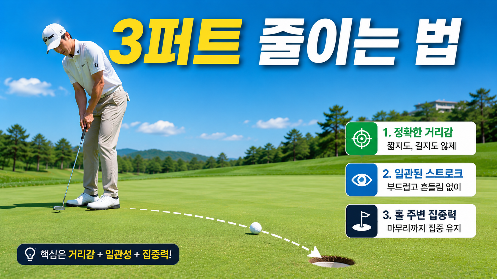 골프 퍼팅 잘하는 법을 초보 눈높이로 정리했습니다. 3퍼트가 나는 진짜 이유부터 32피트 거리감 연습법, 안정적인 셋업과 리버스 오버래핑 그립, 보폭·리듬 활용까지 그린에서 무너지지 않는 법을 담았습니다.