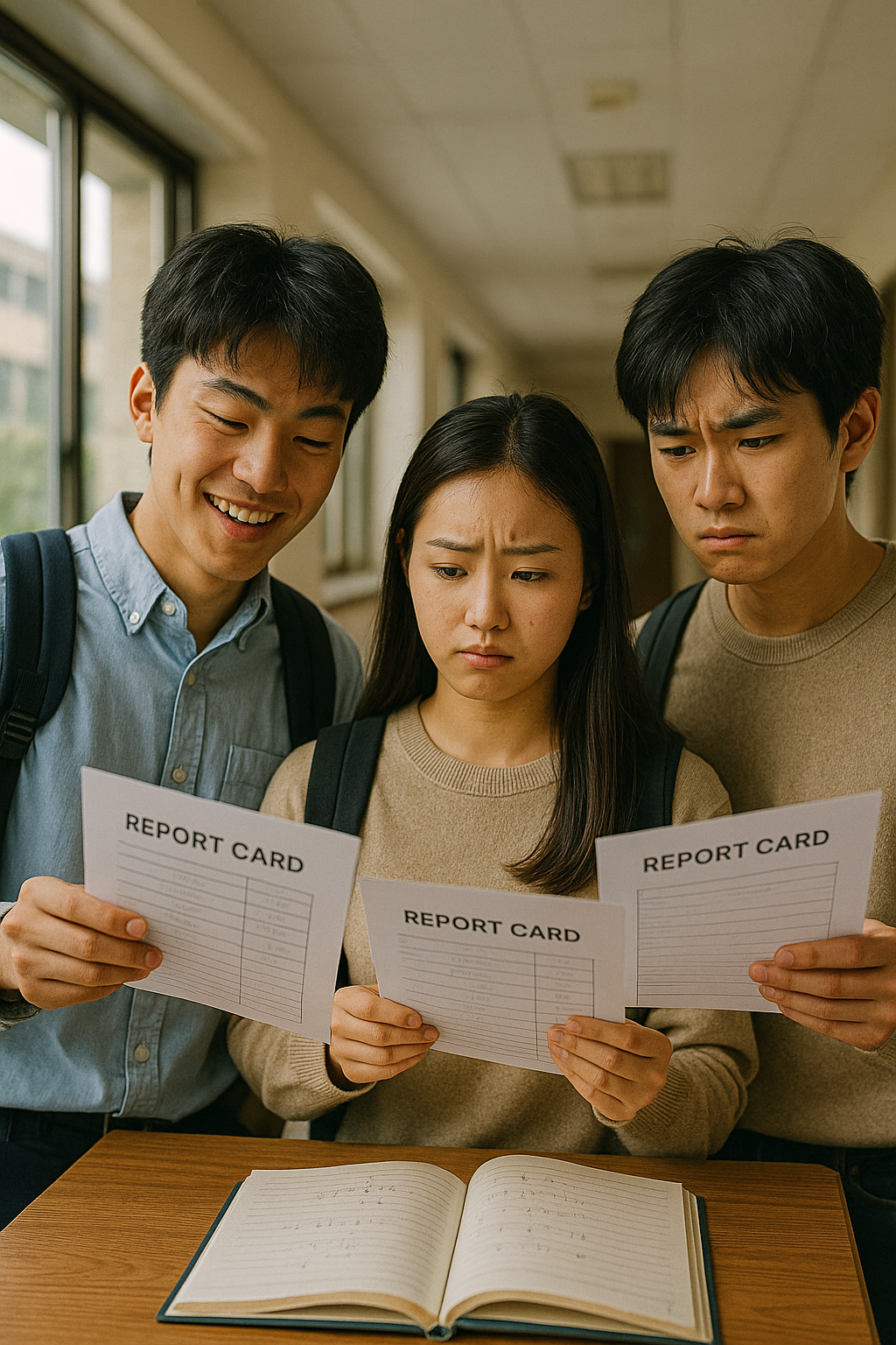 두세 명의 학생이 성적표를 들고 이야기를 나누는 모습