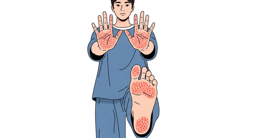 손바닥과 발바닥에 퍼진 매독 발진을 보여주는 그림