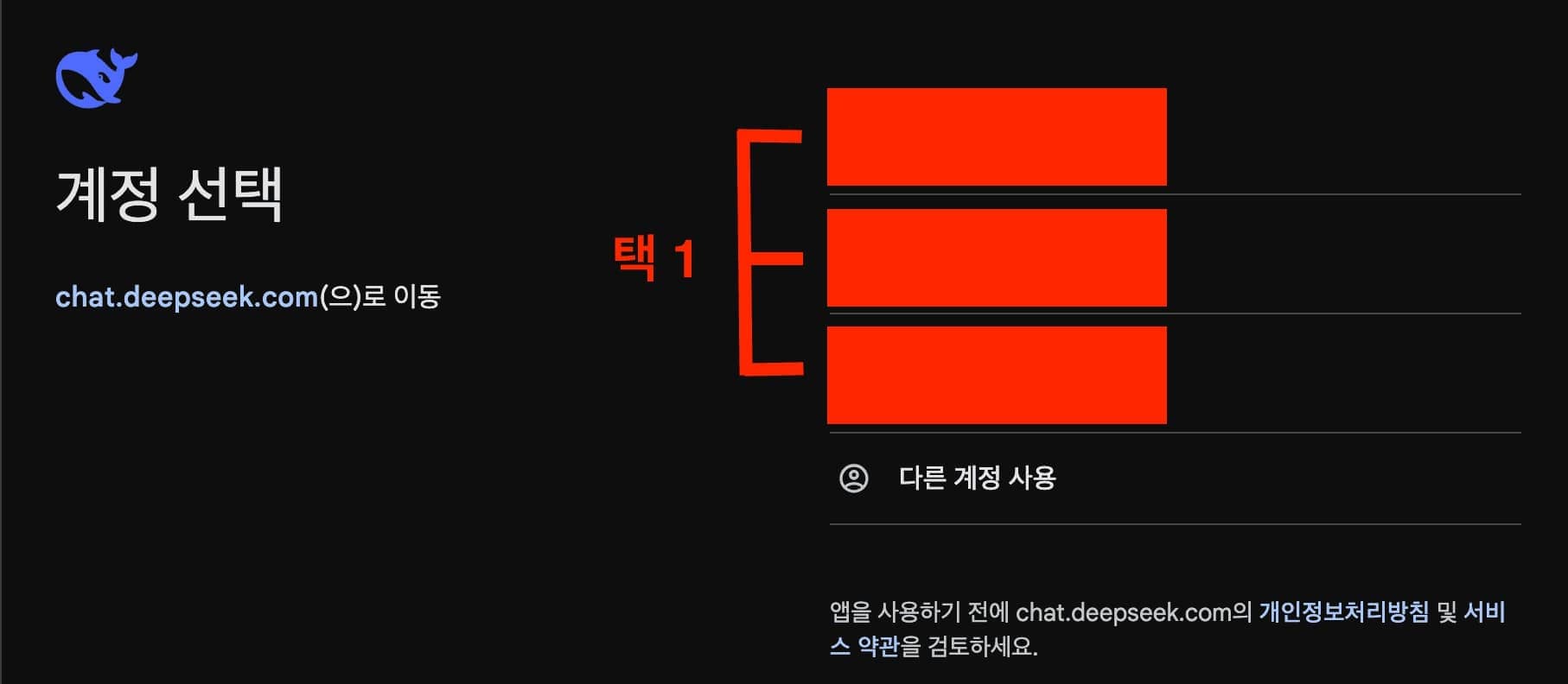 딥시크 계정 생성 순서 - 로그인 계정 선택 화면