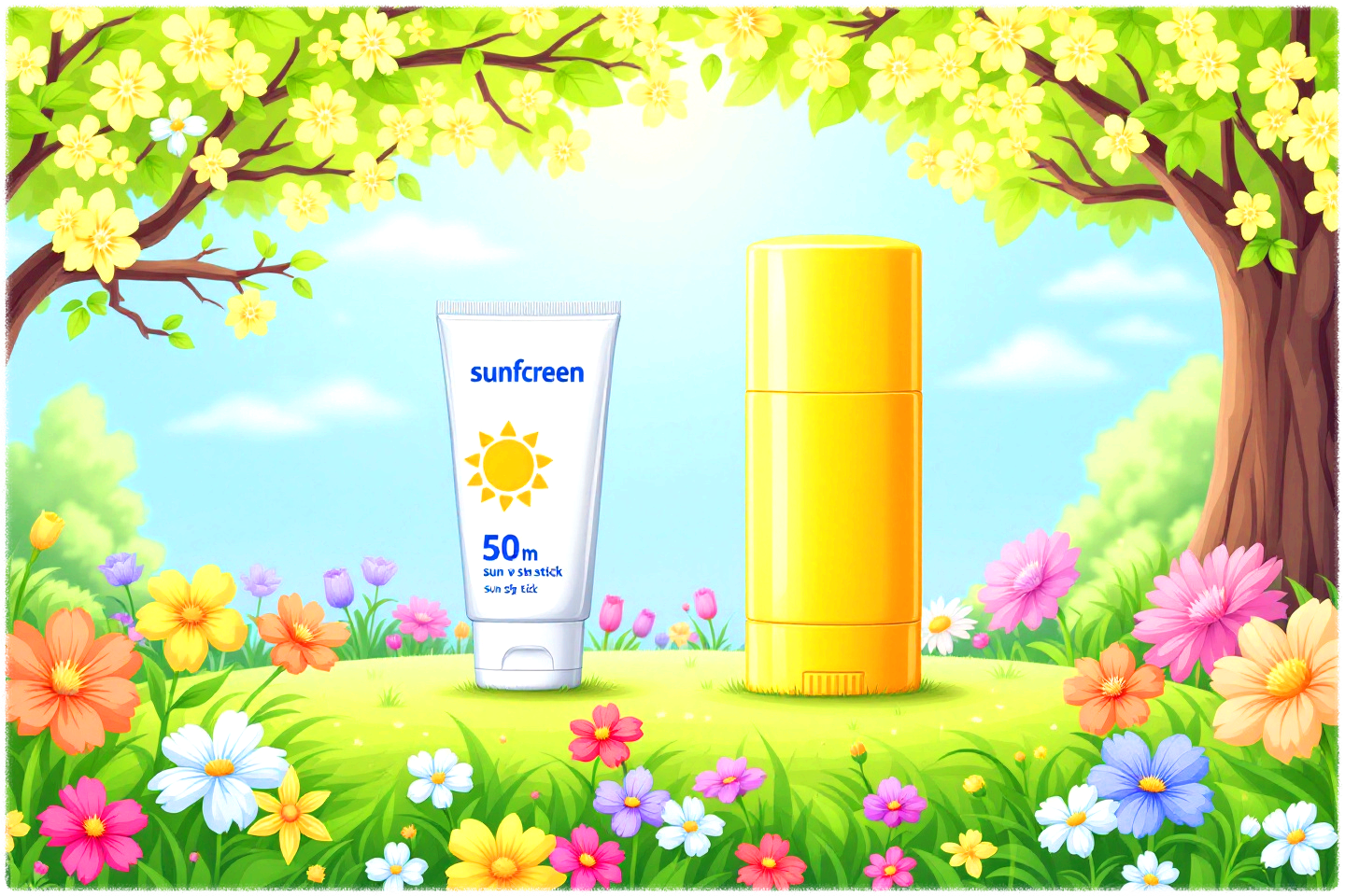 봄 날씨 속에 선크림과 선스틱의 비교 이미지