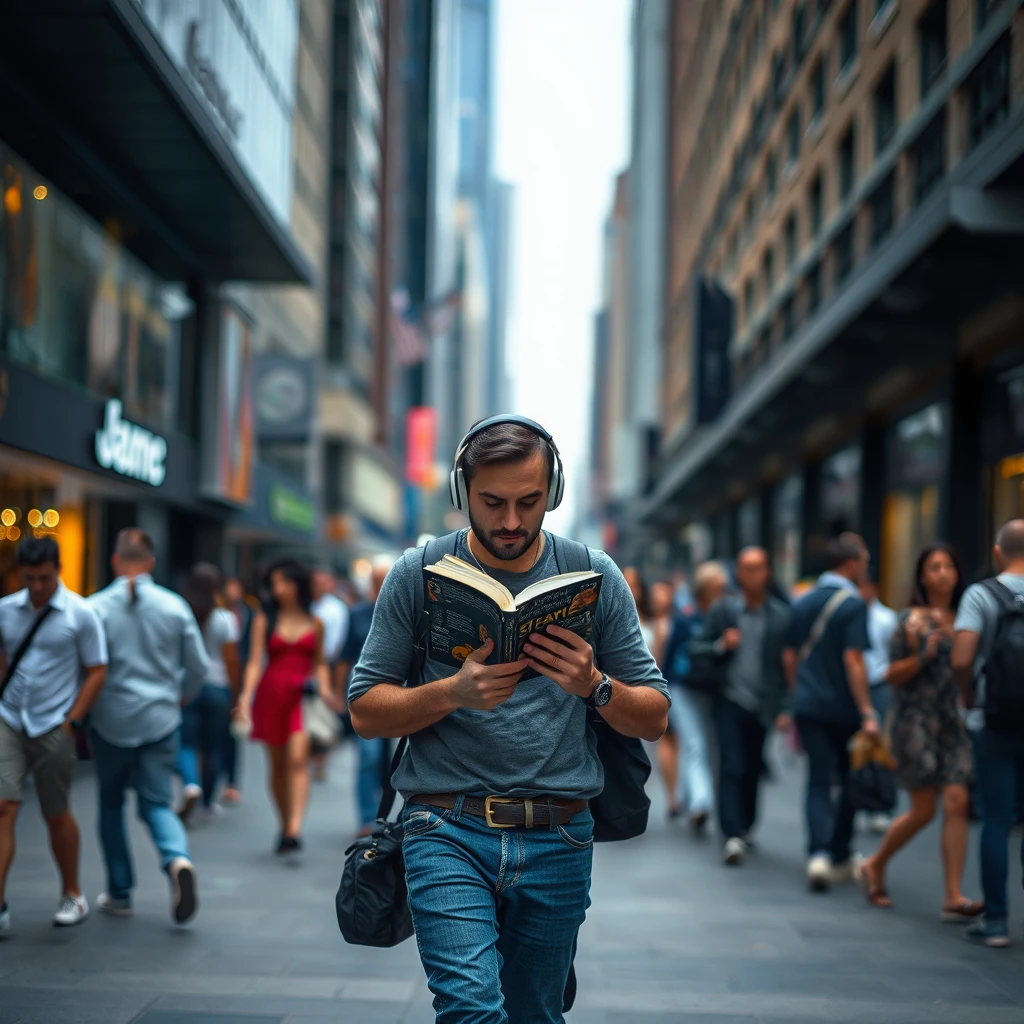 책을 보면 헤드셋을 쓰고 거리를 걷는 남자의 모습