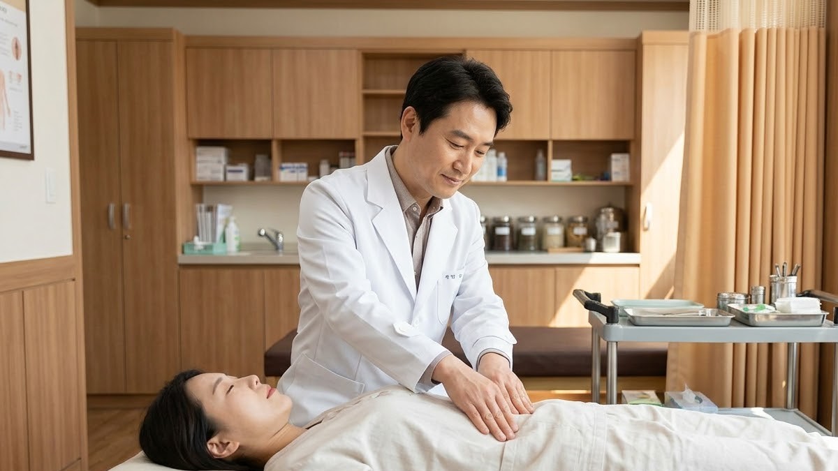 한의사가 누워 있는 환자의 배를 손으로 살피는 복진