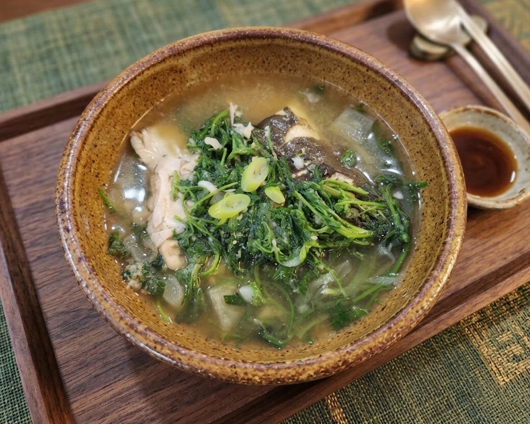 나무 쟁반 위 도자기 그릇에 담긴 향긋한 제철 도다리 쑥국과 놋수저 세트.