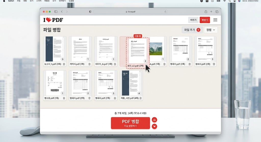 iLovePDF 웹사이트에서 여러 PDF 파일을 드래그하여 순서를 정렬하고 합치는 화면