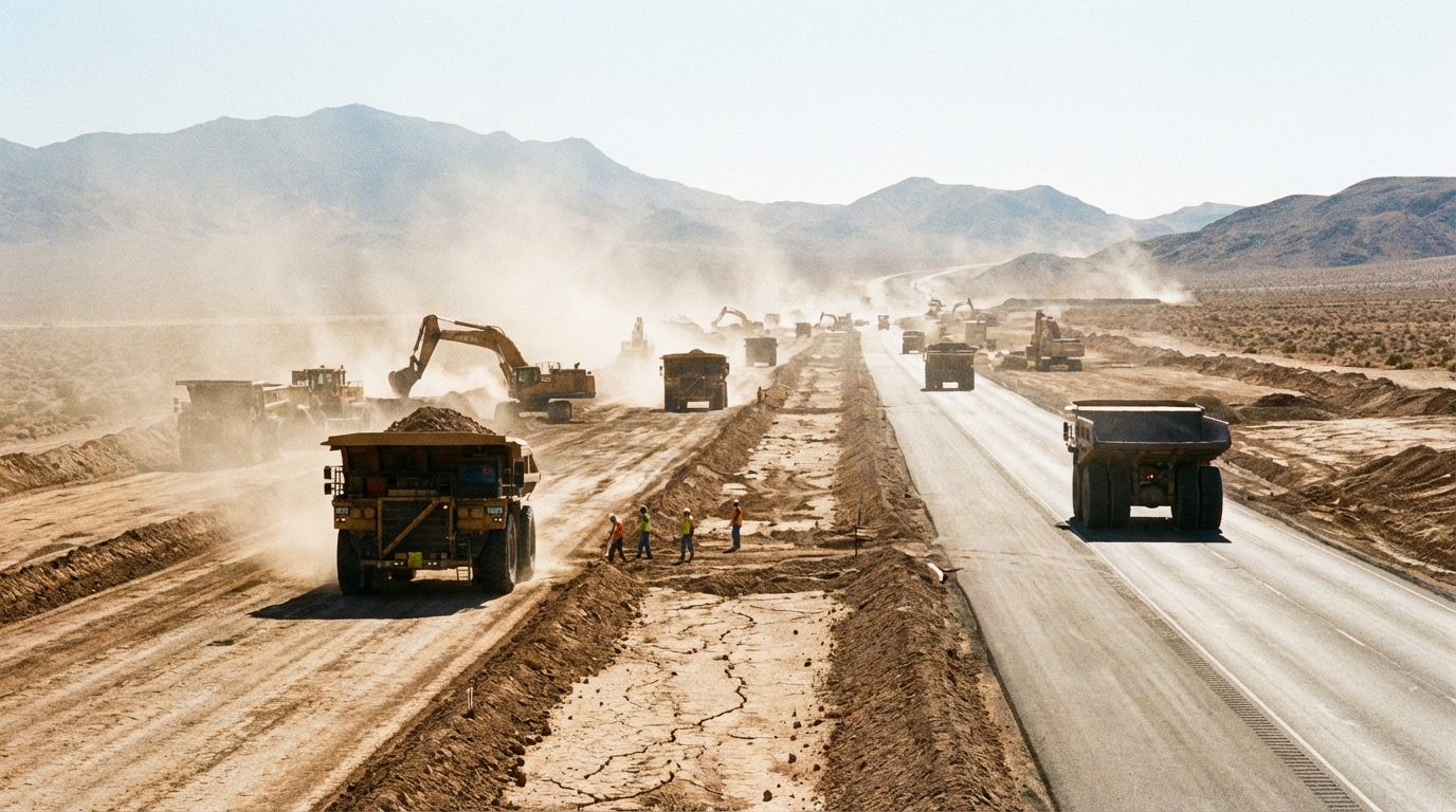 전쟁 후 가장 먼저 시작되는 대규모 인프라 및 도로 복구 공사 현장 이미지