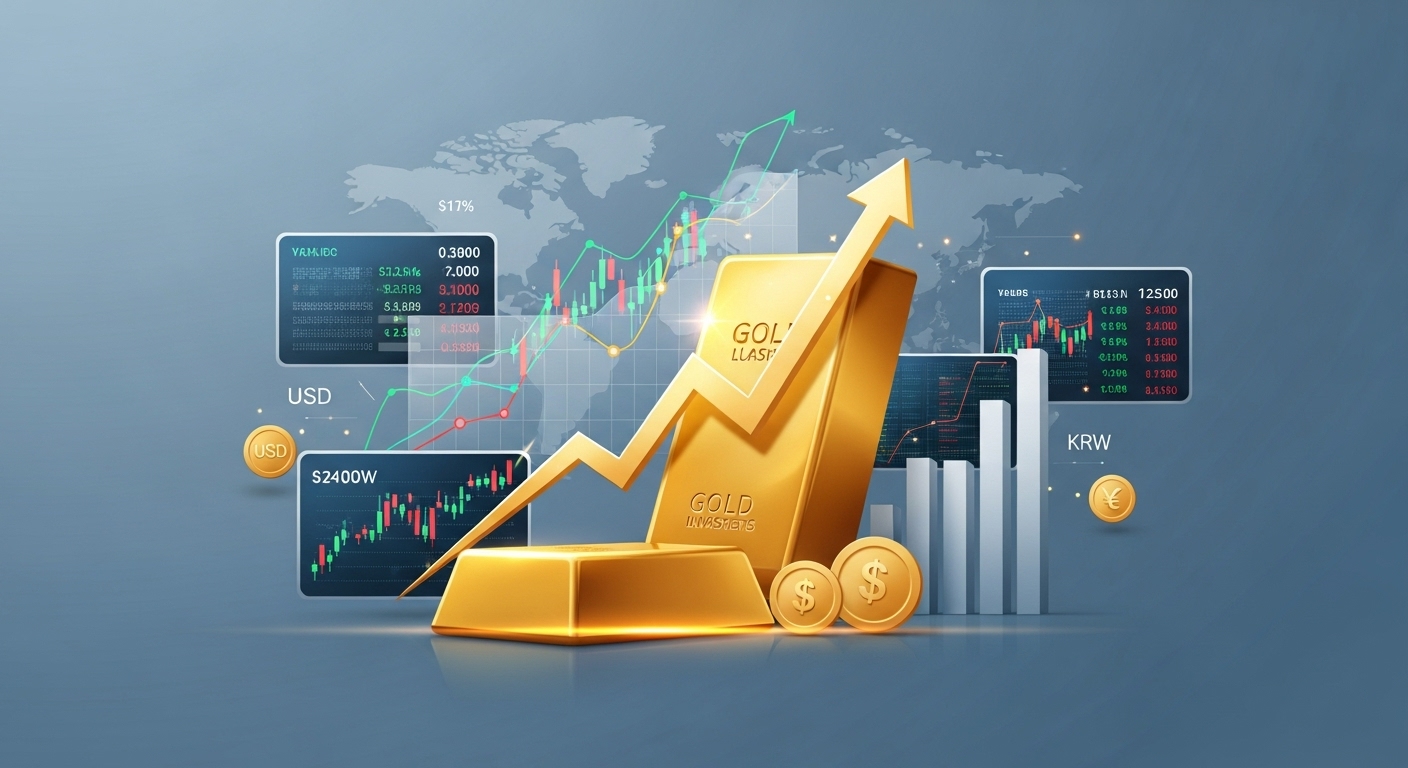 "A visually professional and modern graphic representing gold investment. The image should feature a stylized gold bar with upward-trending arrow overlaid, surrounded by elements symbolizing global finance like charts, digital data screens, and currency symbols (USD/KRW), all set against a calming blue-gray background. The overall style should be clean and trustworthy, suitable for a financial blog."