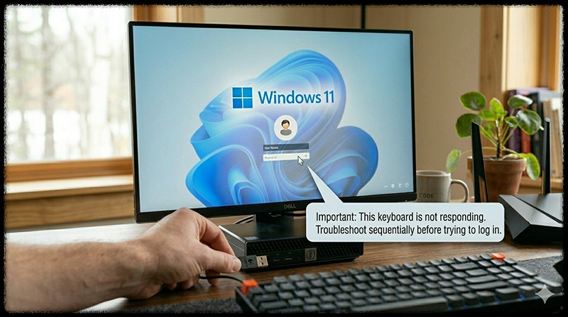 컴퓨터 USB 포트에 키보드를 다시 연결하는 모습