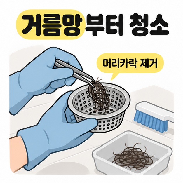 거름망부터 청소라는 제목 아래 고무장갑을 낀 손이 집게로 거름망의 머리카락을 꺼내고 옆에 솔과 찌꺼기 받침이 놓인 모습
