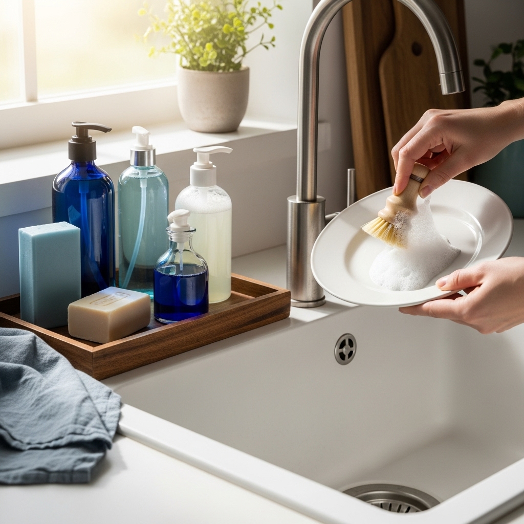 2025년 주방에 놓인 친환경 설거지 비누들과 손으로 식기를 닦는 모습. 푸른색 계열의 깨끗하고 미니멀한 주방 풍경으로 친환경 설거지 비누의 세정력과 순함을 강조하는 이미지.