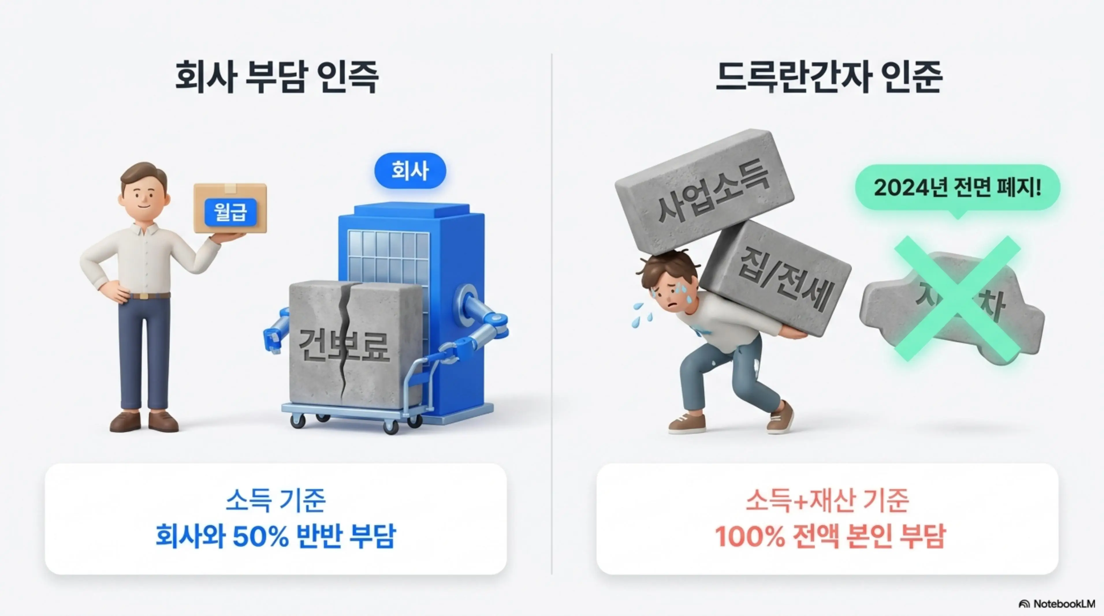 지역가입자 건강보험료: 직장가입자와 지역가입자의 건강보험료 부담 구조를 비교하는 인포그래픽. 직장가입자는 소득 기준으로 회사와 50% 반반 부담하고 지역가입자는 소득과 재산 기준으로 100% 전액 본인 부담하는 차이를 시각적으로 설명함