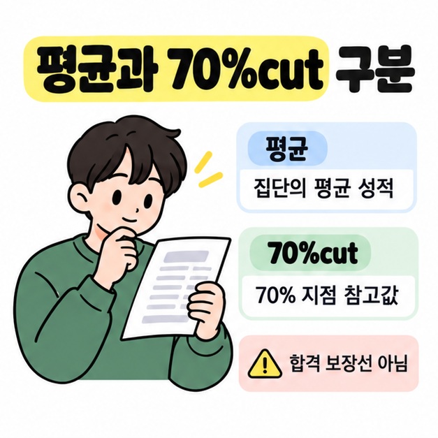 성적표를 읽는 학생 옆에 평균은 집단의 평균 성적, 70%cut은 70% 지점 참고값이며 합격 보장선이 아니라는 설명
