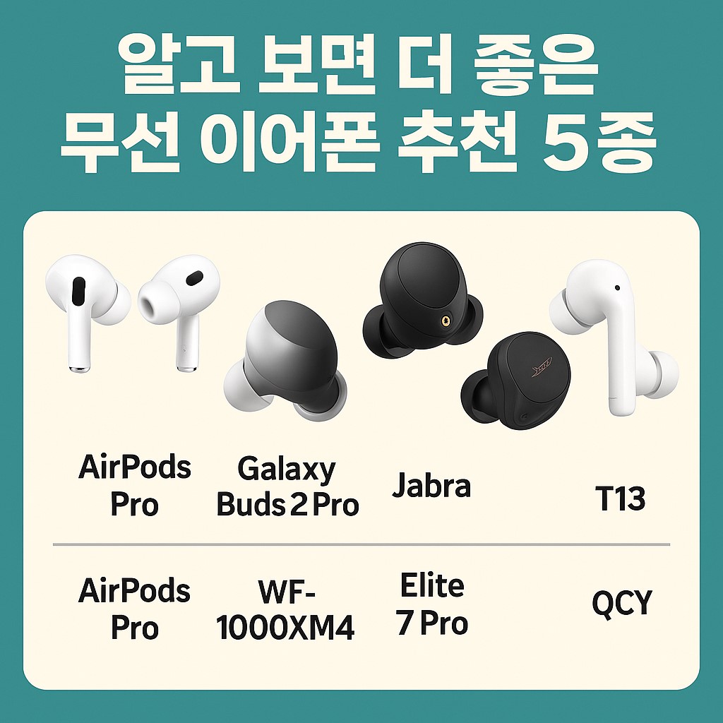 무선 이어폰 추천 5종 비교 인포그래픽: 에어팟, 갤럭시 버즈, 소니, 자브라, QCY 주요 특징 요약