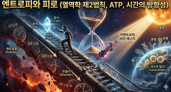 "엔트로피와 삶의 피로: 우주의 에스컬레이터와 생명의 저항 시각화"