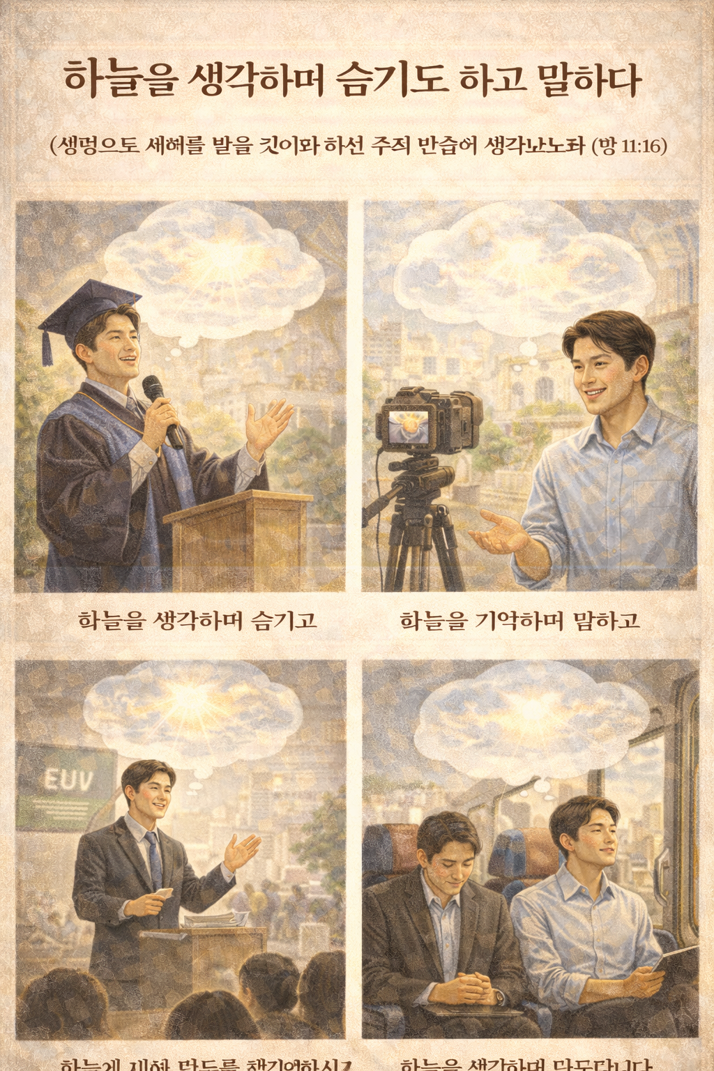 행11:16 말씀을 보며, 무엇인가 형제들과 말하고 교제하는 동안 제가 기억해야 하는 것은 그것이 세상으로부터 온 것인지를 분별하여 하늘로부터 온 것인지를 생각하여 그것을 기억하며 말하는 것이 필요하겠습니다. 오늘 만나는 사람들에게 하늘을 생각하며 숨기도 하고 말하는 시도를 하는 모습입니다. 오늘 졸업생 축사를 하고 브이로그를 하며 EUV 관련한 학술발표회에서 발표를 하며 서울로버스로 이동하는 일정이 있습니다^^