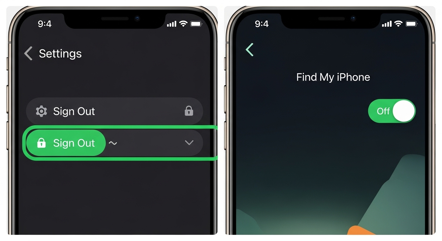 아이폰 화면에 Apple ID 로그아웃 및 나의 iPhone 찾기 비활성화 메뉴가 강조된 모습.