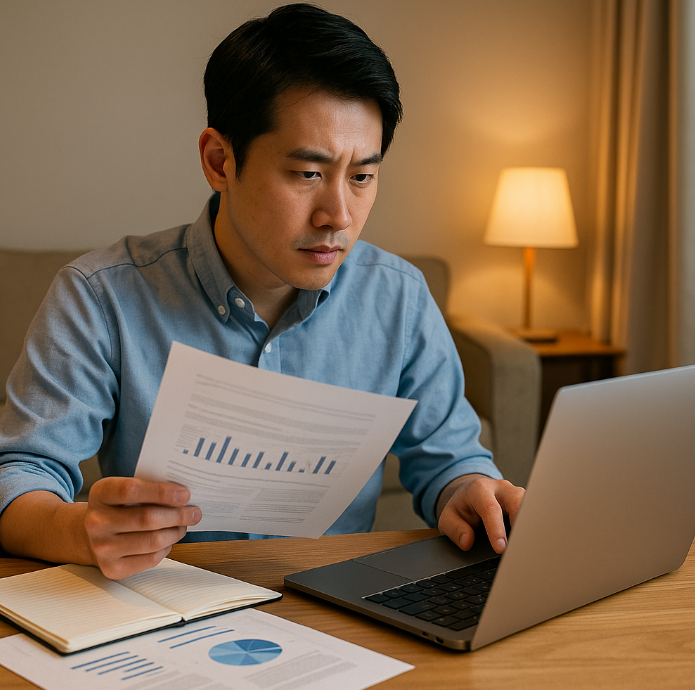 노트북을 이용해 자료를 조사하는 남성 사진