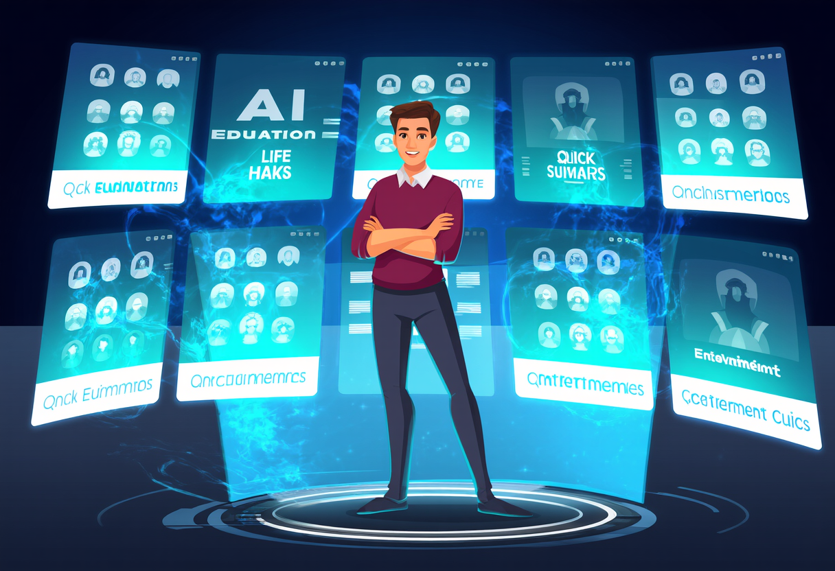 남성이 무대 가운데 서있고 뒤 배경에는 ai제작툴, 사이트들이 화면에 가득있다