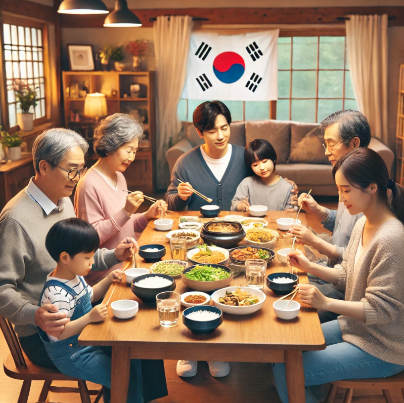 집에서 식사하는 한국가족