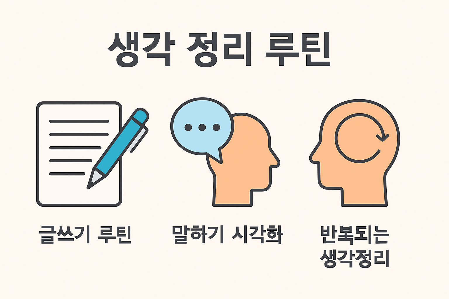 생각 정리 루틴을 주제로 한 인포그래픽. 글쓰기, 말하기, 시각화 등 사고 정리를 위한 아이콘